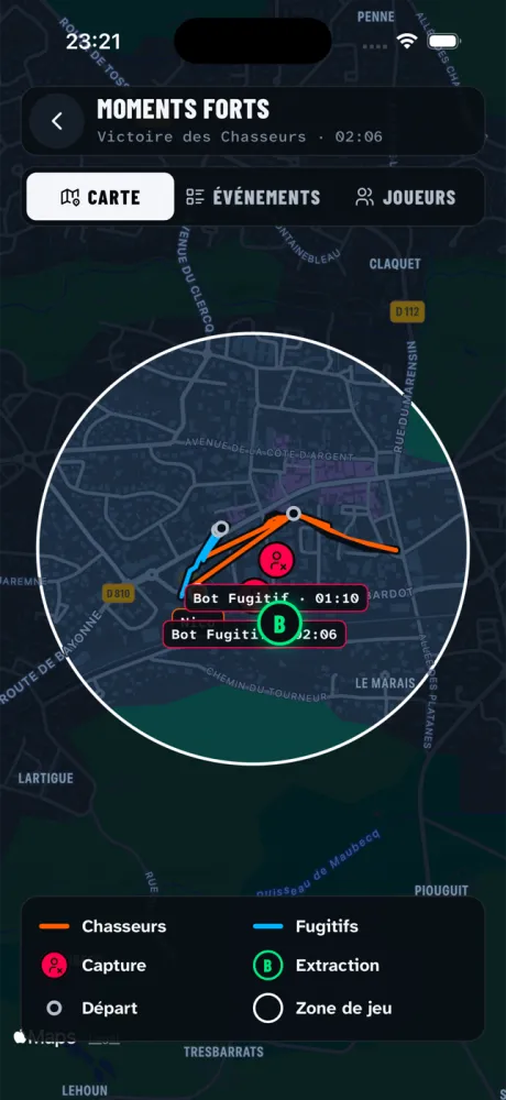 La carte d'une partie dans l'appli